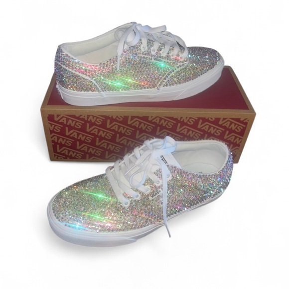 Crystal AB Iridescent White Lace Up Vans With Ribbon Laces All Sizes - Picture 1 of 8